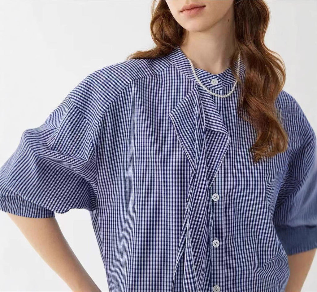 LONGÉ Women's Cotton Blue and White Gingham Tie-Neck Band Collar Shirt