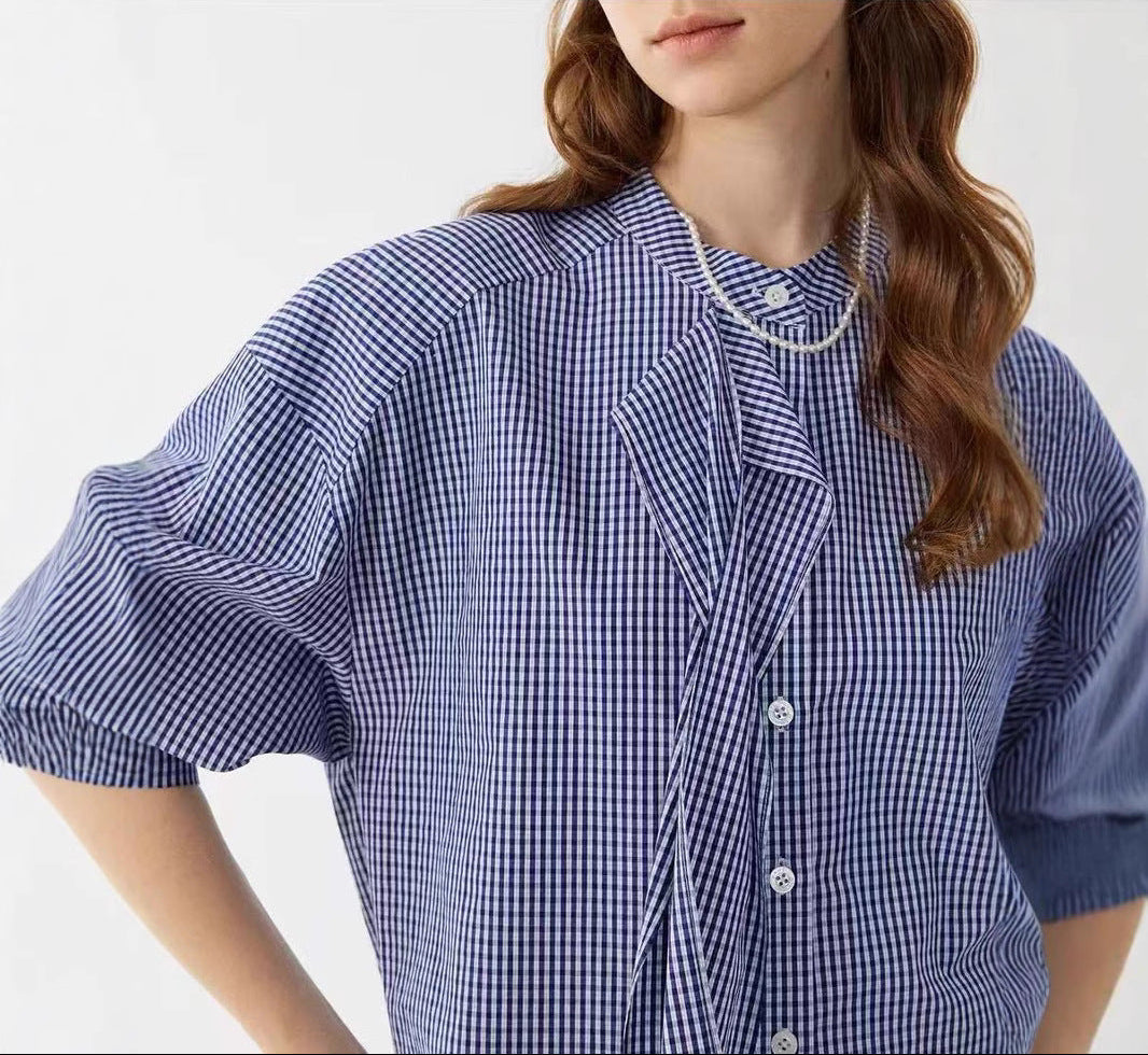 LONGÉ Women's Cotton Blue and White Gingham Tie-Neck Band Collar Shirt