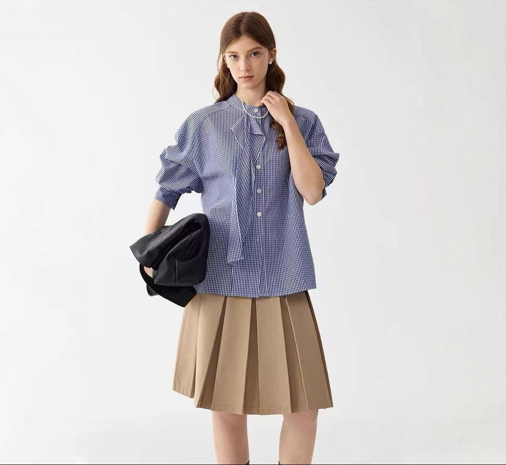 LONGÉ Women's Cotton Blue and White Gingham Tie-Neck Band Collar Shirt