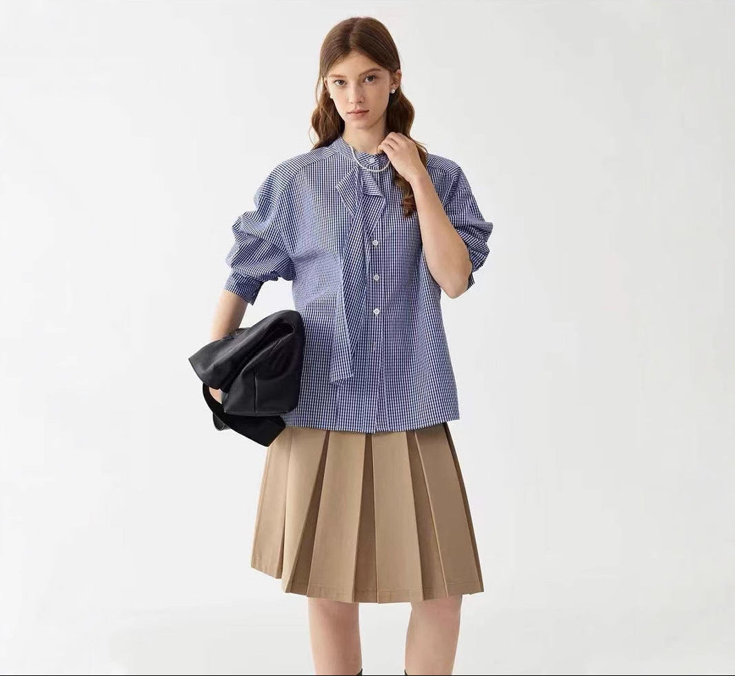 LONGÉ Women's Cotton Blue and White Gingham Tie-Neck Band Collar Shirt