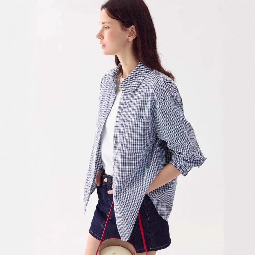 LONGÉ Women's Blue and White Check Rounded Collar Shirt