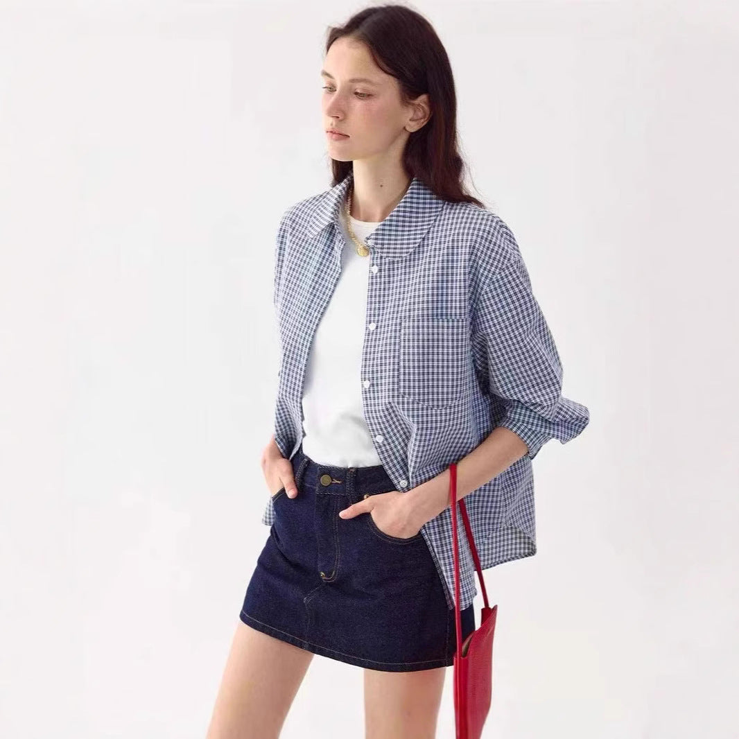 LONGÉ Women's Blue and White Check Rounded Collar Shirt