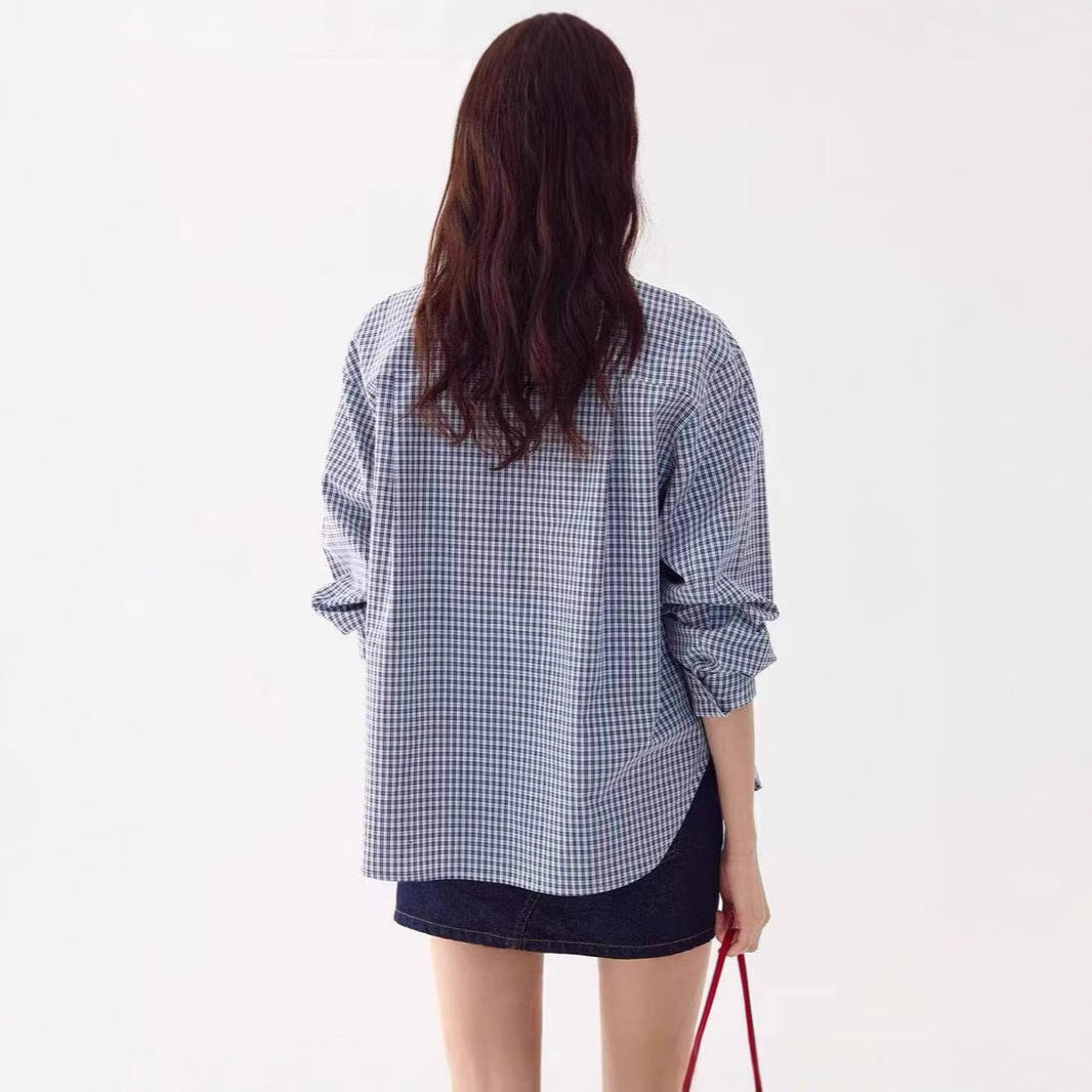 LONGÉ Women's Blue and White Check Rounded Collar Shirt