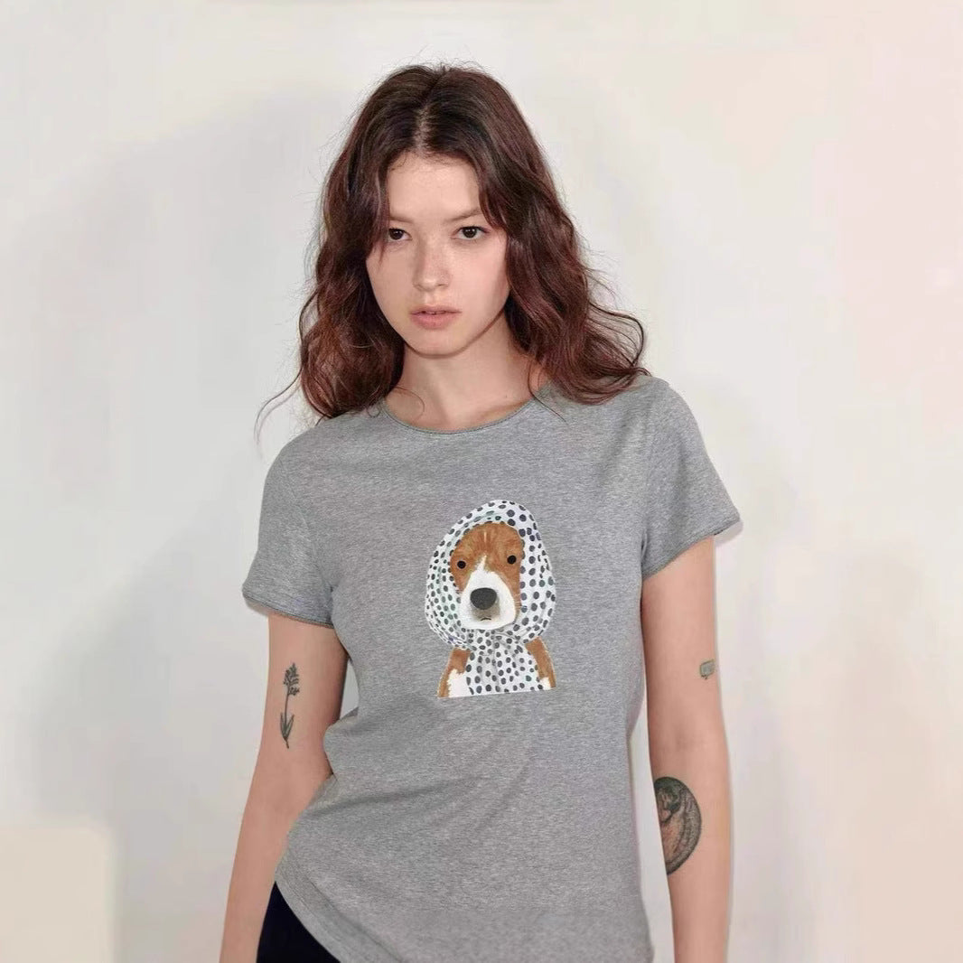 LONGÉ Women's Viscose Cotton Acrylic Blend Dog Graphic T-Shirt - Light Gray