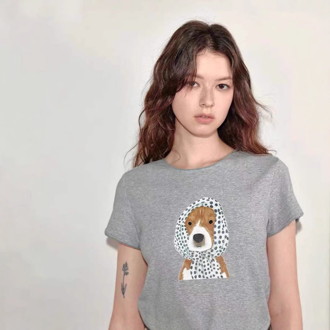LONGÉ Women's Viscose Cotton Acrylic Blend Dog Graphic T-Shirt - Light Gray