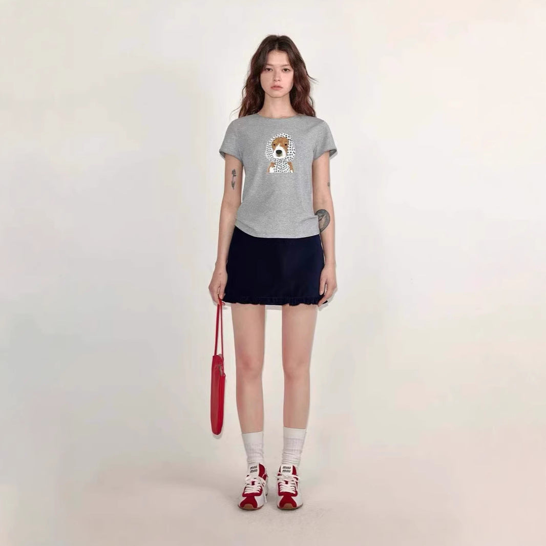 LONGÉ Women's Viscose Cotton Acrylic Blend Dog Graphic T-Shirt - Light Gray