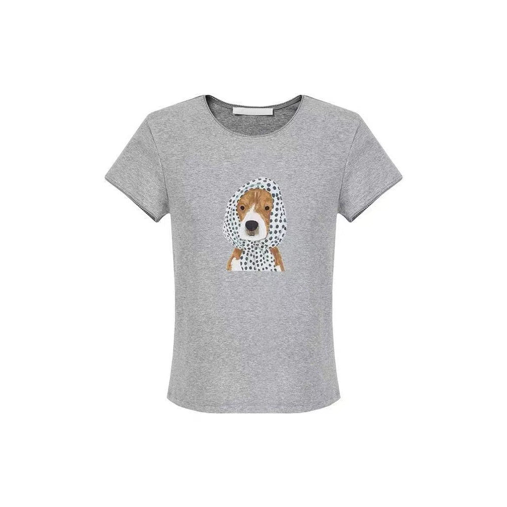 LONGÉ Women's Viscose Cotton Acrylic Blend Dog Graphic T-Shirt - Light Gray